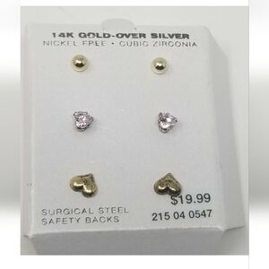 Earring Studs - Three Pairs 14k Over Sterling - Pink Cz